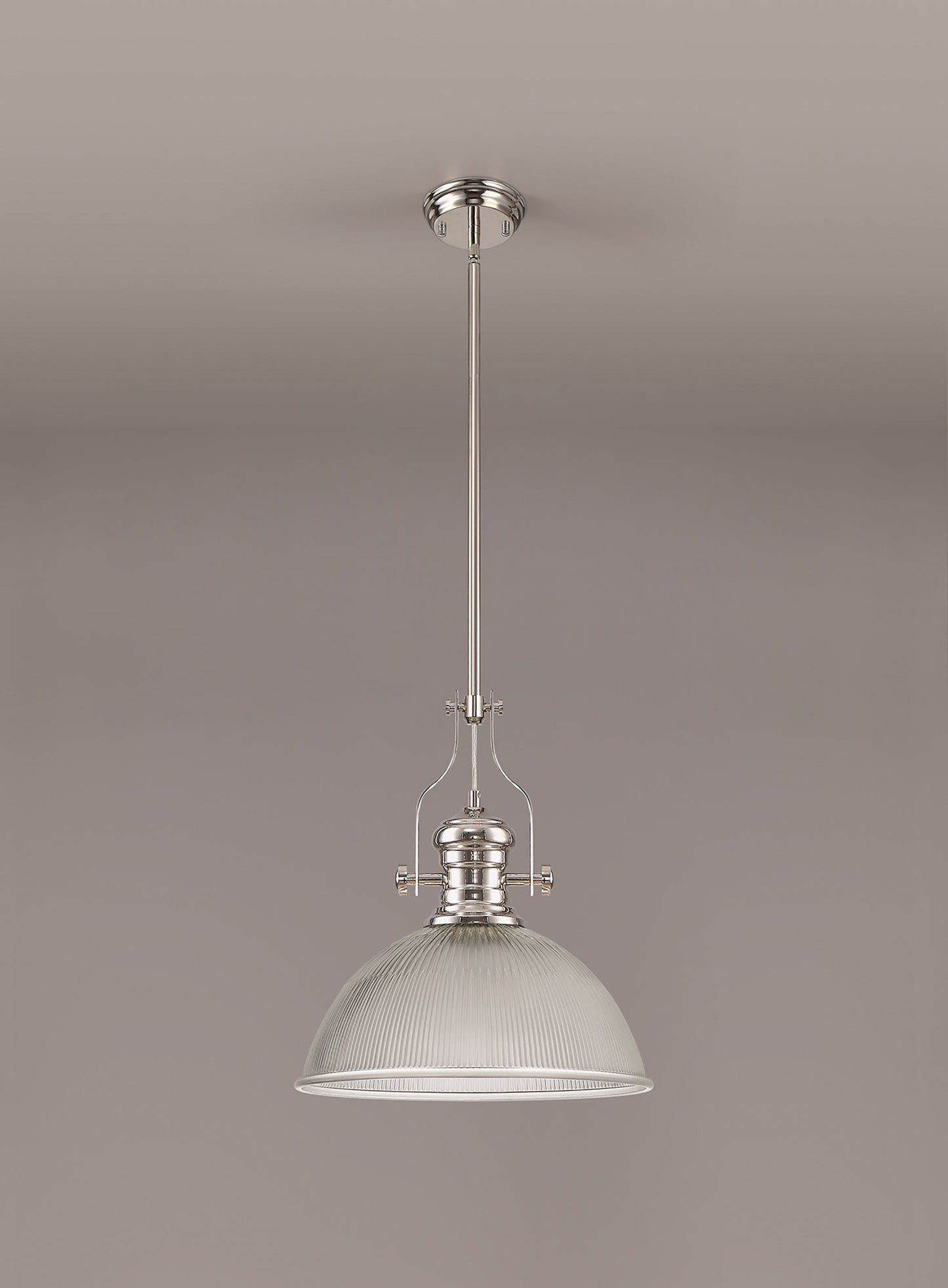 Stanley 1 Light Pendant E27 With 38cm Dome Glass Shade, Polished Nickel and Clear