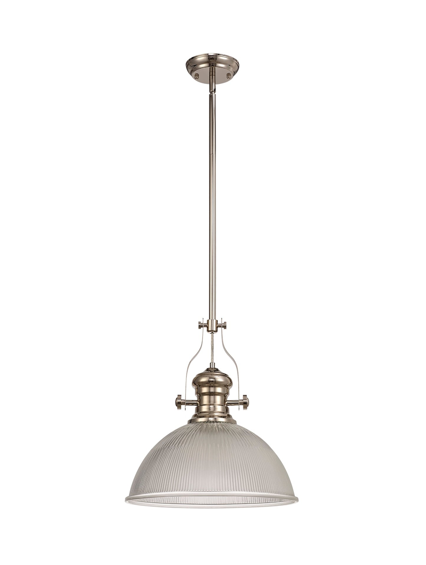 Stanley 1 Light Pendant E27 With 38cm Dome Glass Shade, Polished Nickel and Clear