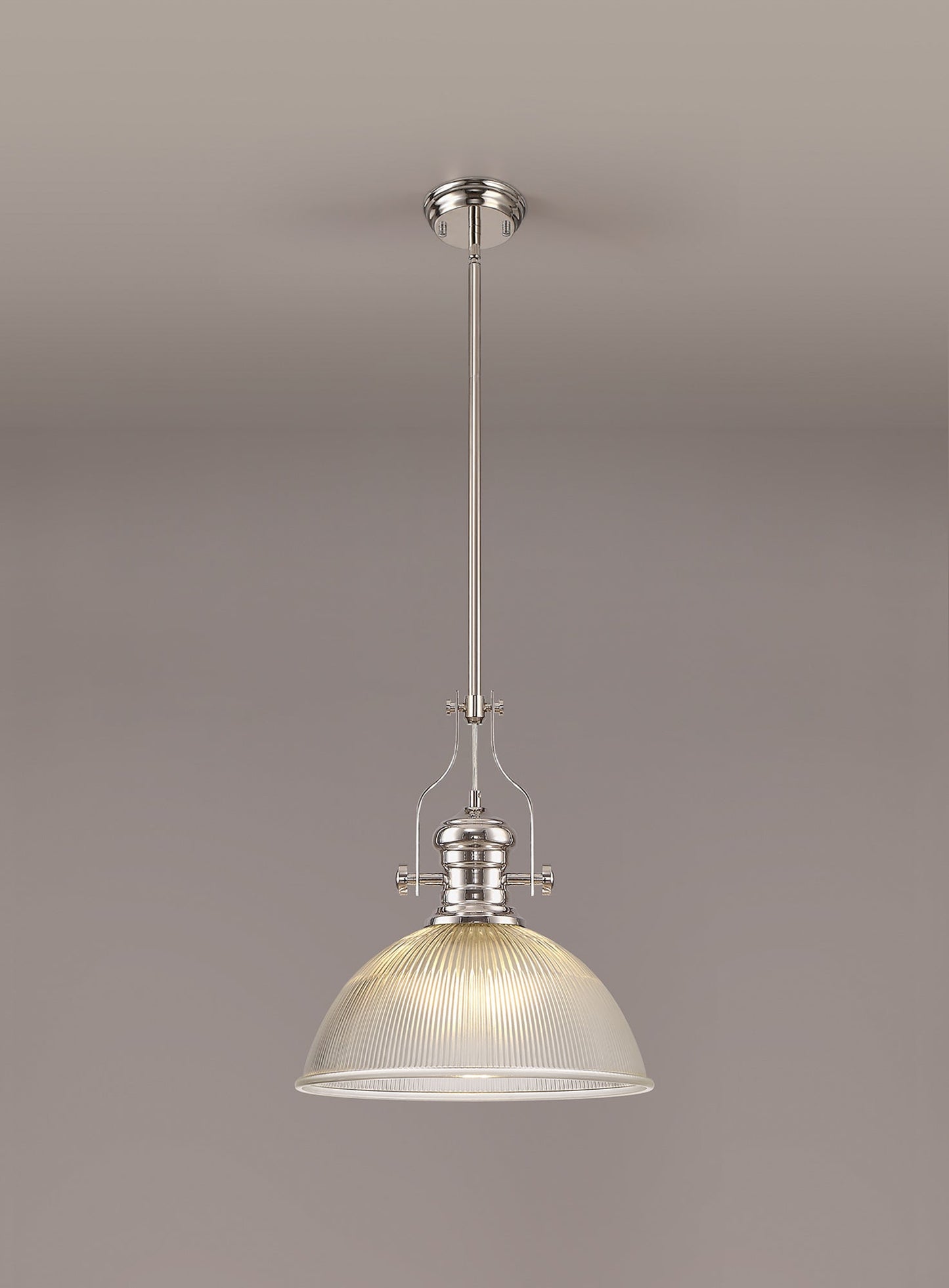 Stanley 1 Light Pendant E27 With 38cm Dome Glass Shade, Polished Nickel and Clear