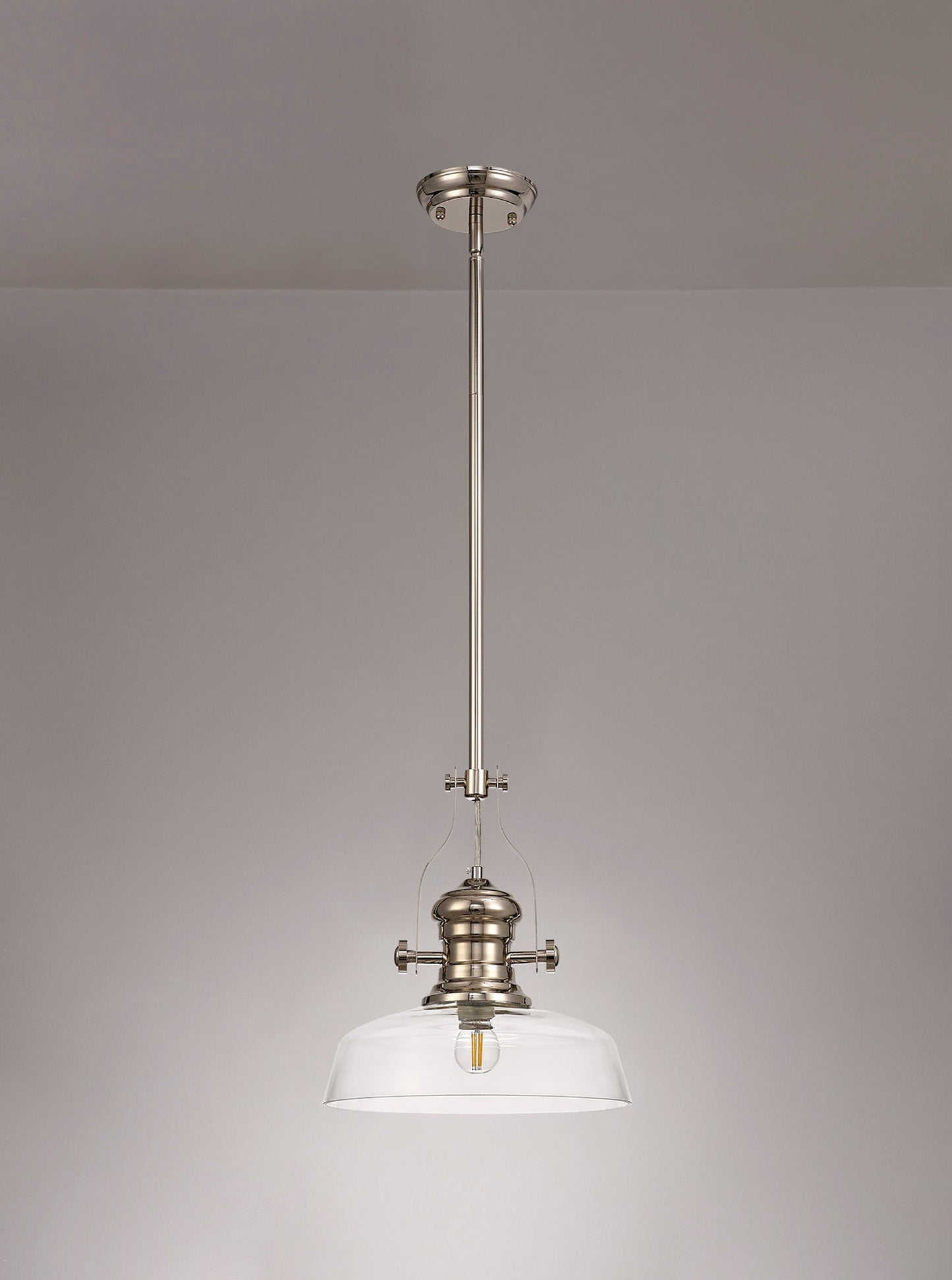 Stanley 1 Light Pendant E27 With 30cm Flat Round Glass Shade, Polished Nickel and Clear