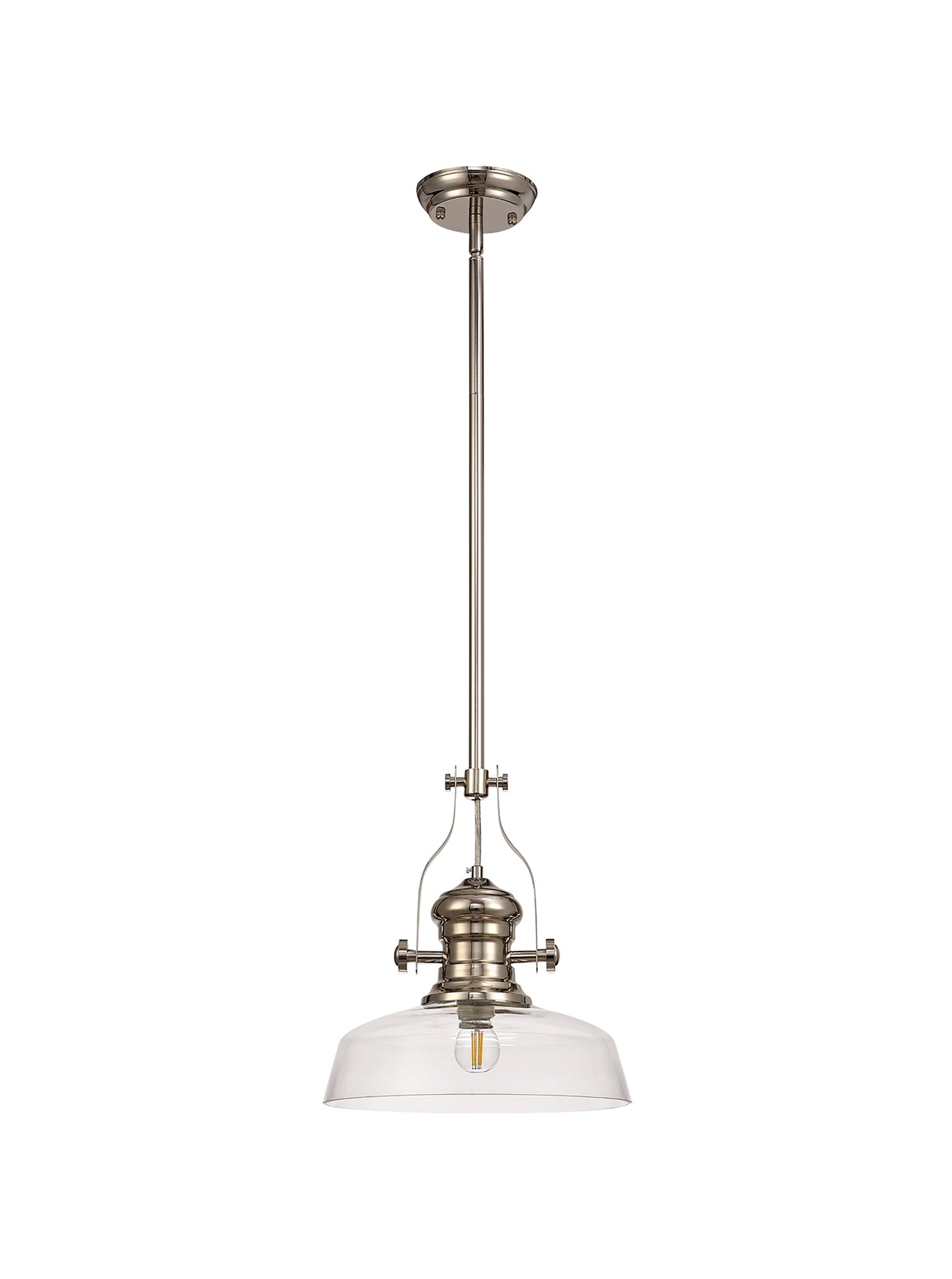 Stanley 1 Light Pendant E27 With 30cm Flat Round Glass Shade, Polished Nickel and Clear