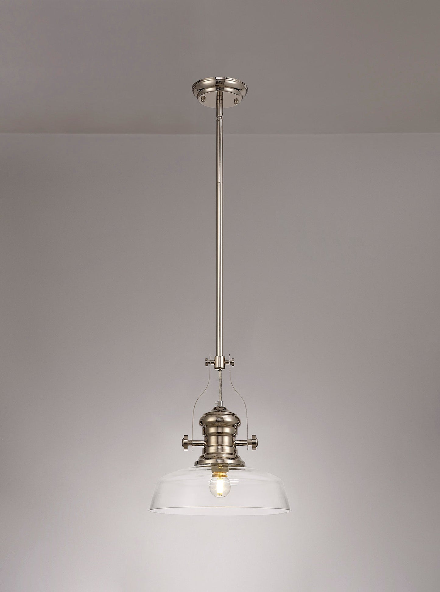Stanley 1 Light Pendant E27 With 30cm Flat Round Glass Shade, Polished Nickel and Clear