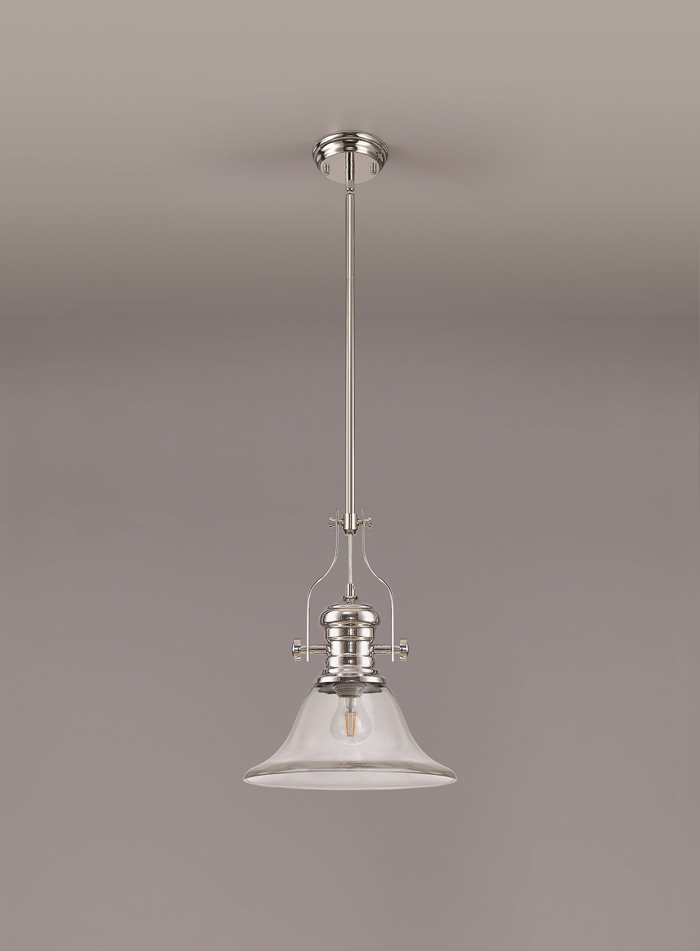 Stanley 1 Light Pendant E27 With 30cm Smooth Bell Glass Shade, Polished Nickel and Clear