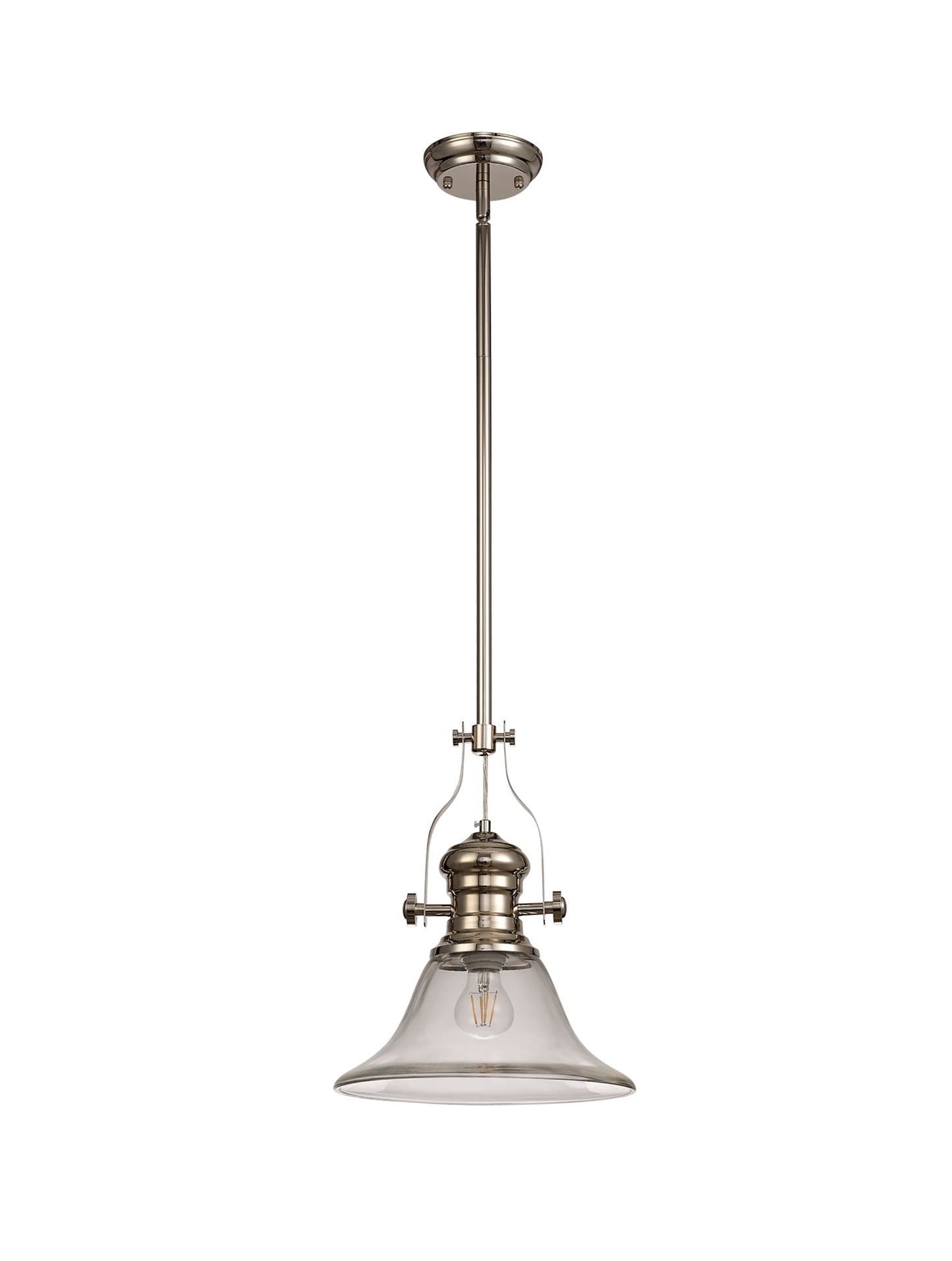 Stanley 1 Light Pendant E27 With 30cm Smooth Bell Glass Shade, Polished Nickel and Clear