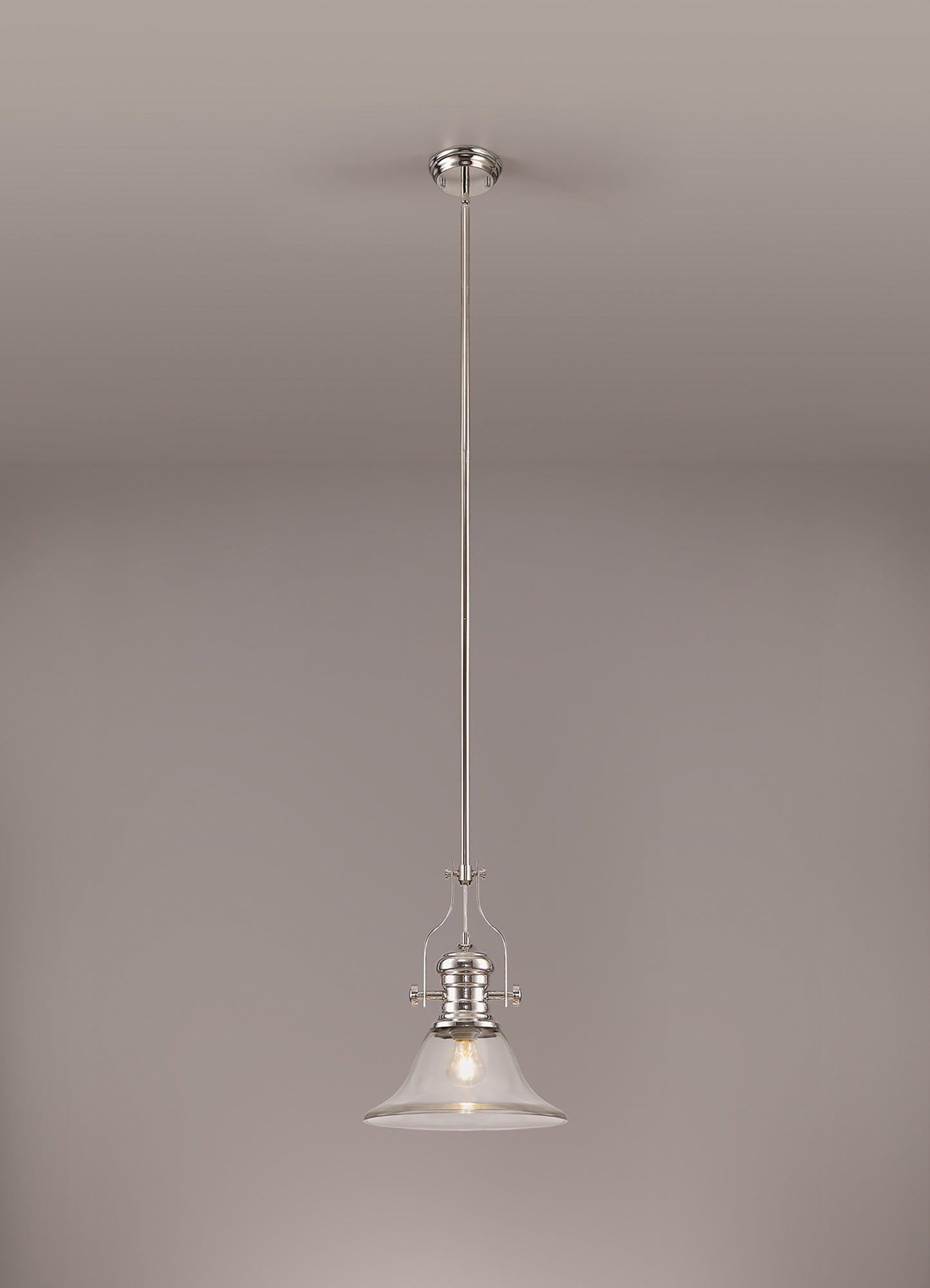 Stanley 1 Light Pendant E27 With 30cm Smooth Bell Glass Shade, Polished Nickel and Clear
