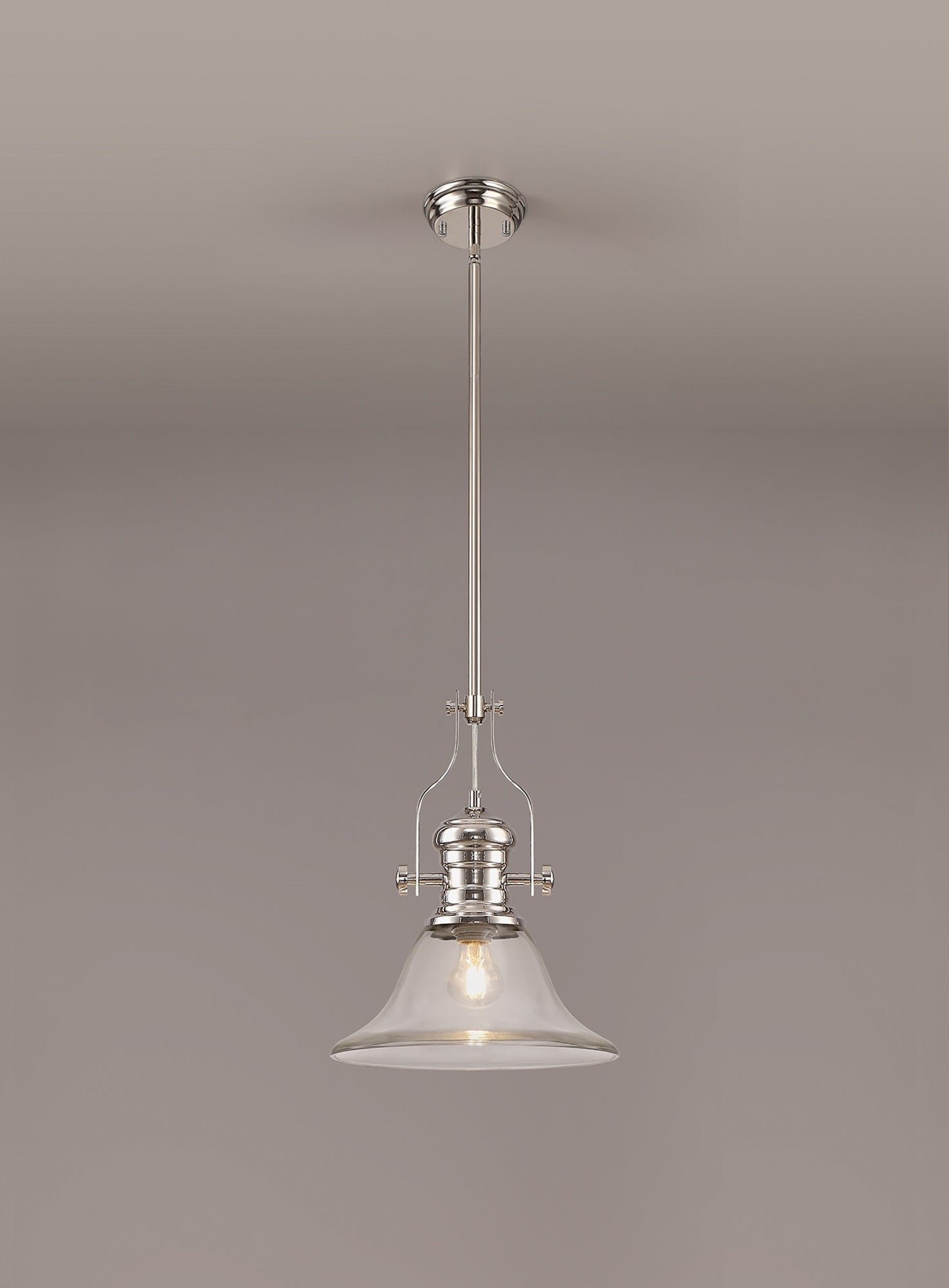 Stanley 1 Light Pendant E27 With 30cm Smooth Bell Glass Shade, Polished Nickel and Clear