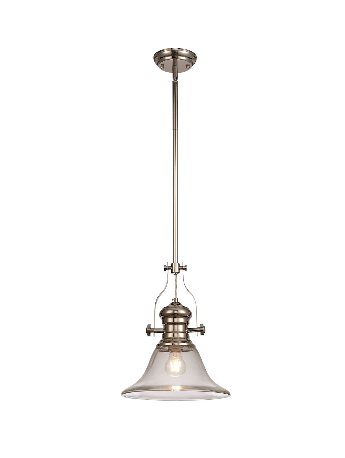 Stanley 1 Light Pendant E27 With 30cm Smooth Bell Glass Shade, Polished Nickel and Clear