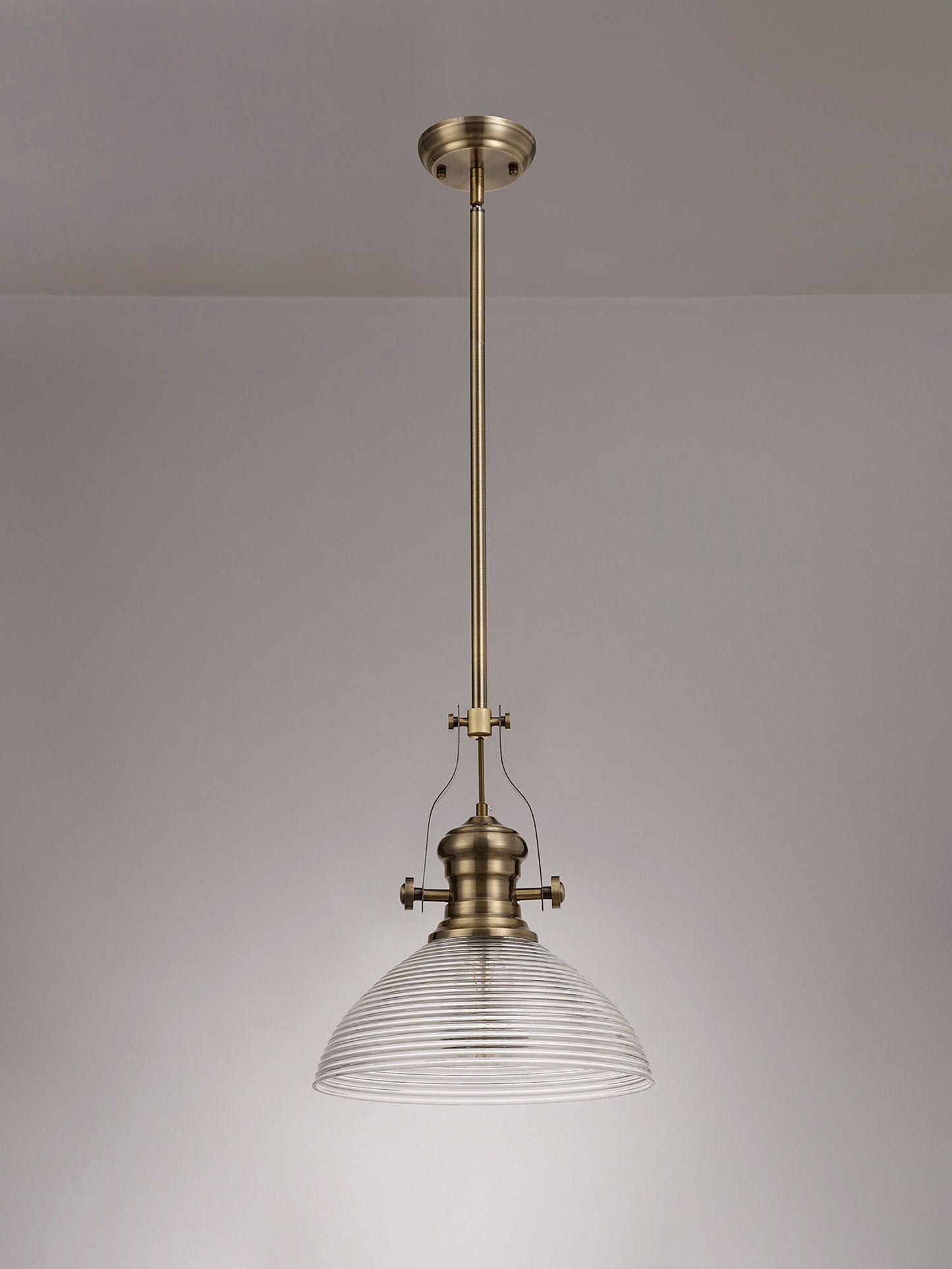 Stanley 1 Light Pendant E27 With 33.5cm Prismatic Glass Shade, Polished Nickel and Clear