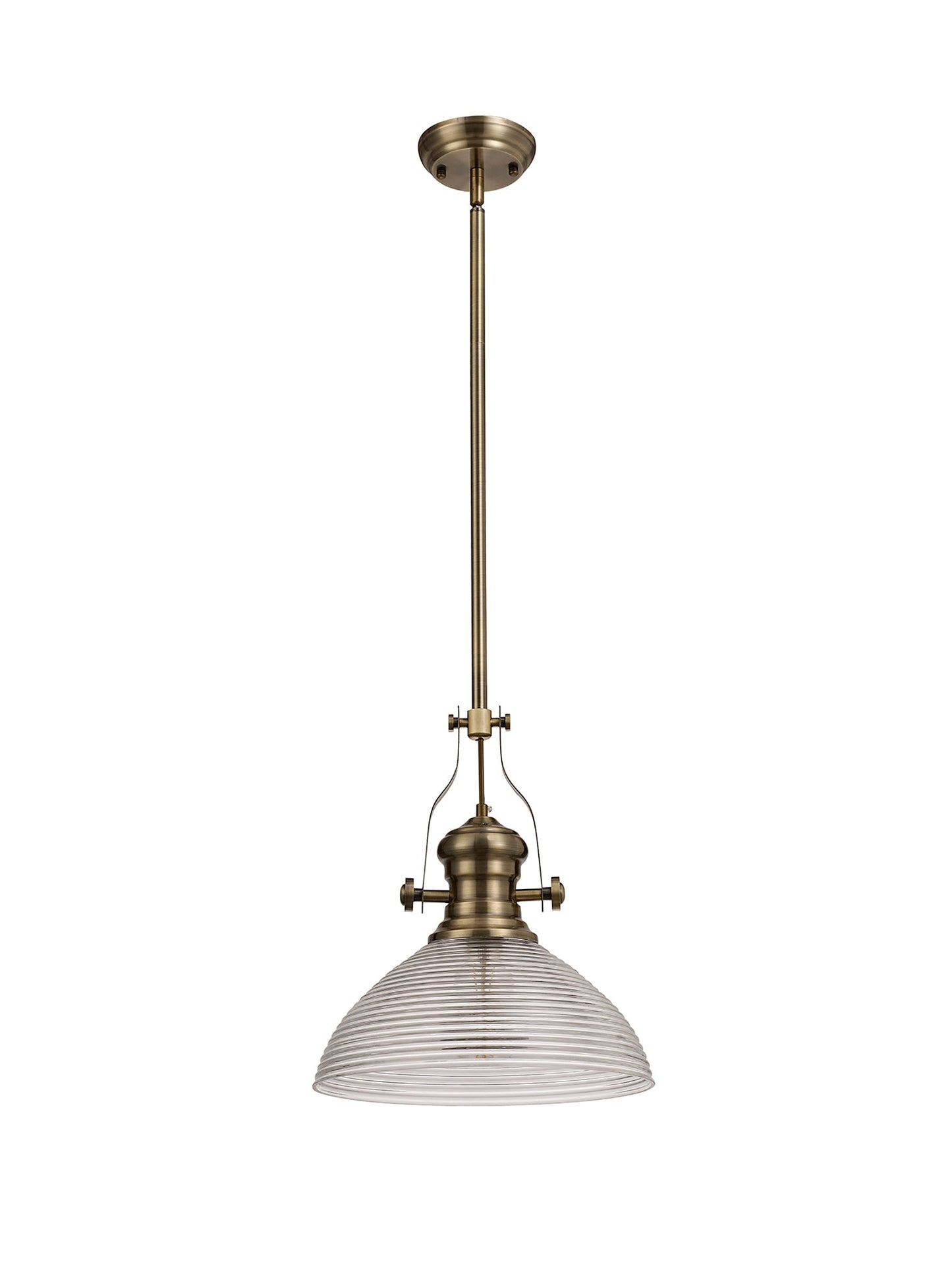 Stanley 1 Light Pendant E27 With 33.5cm Prismatic Glass Shade, Polished Nickel and Clear