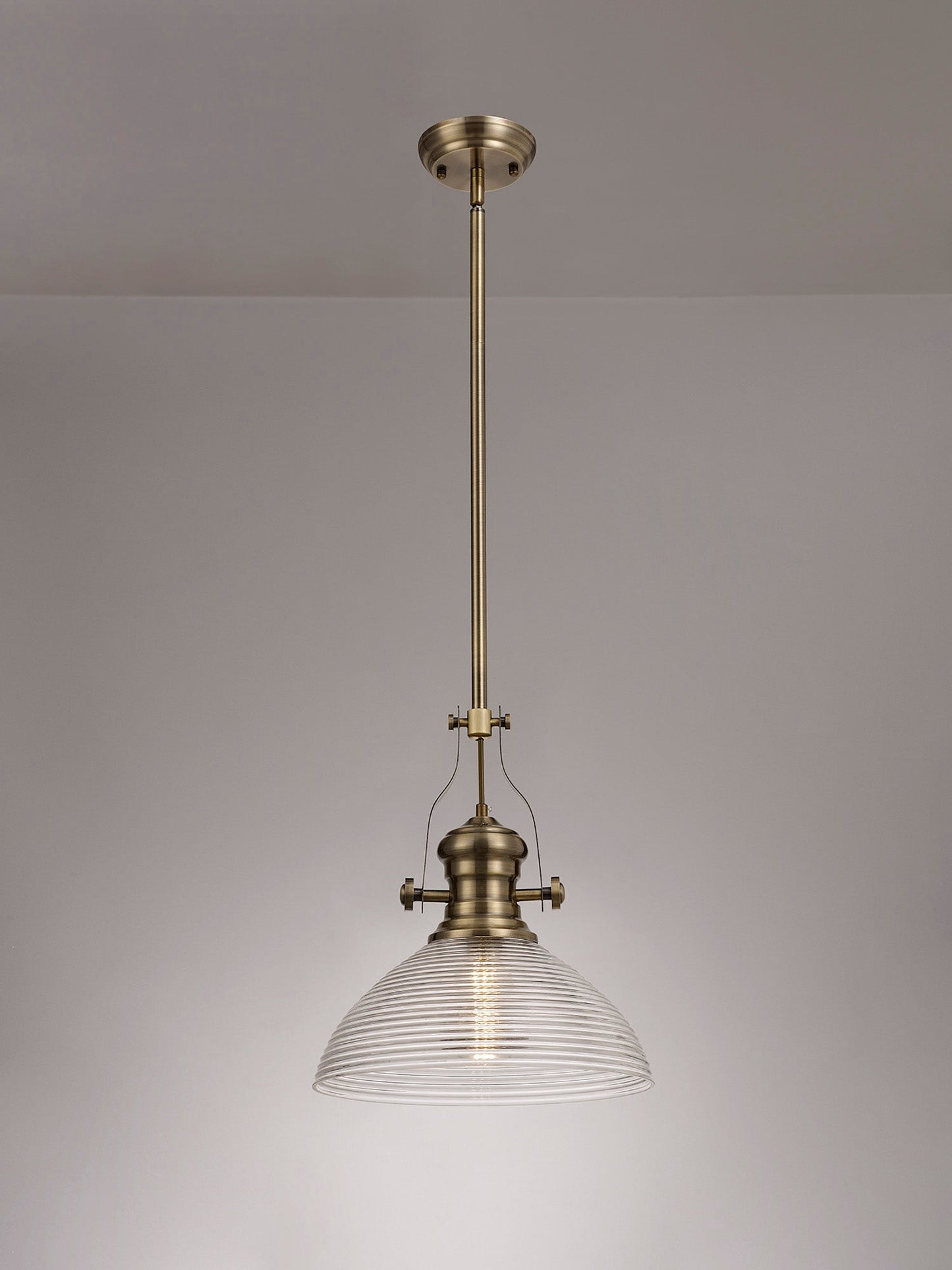 Stanley 1 Light Pendant E27 With 33.5cm Prismatic Glass Shade, Polished Nickel and Clear