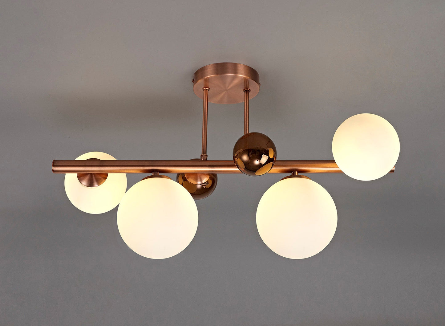 Stubbs Semi Flush Ceiling Light, 4 x G9, Antique Copper, Opal & Copper Glass