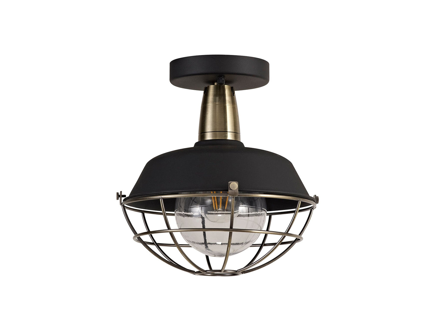 Sutton Semi-Flush Ceiling, 1 Light E27, IP65, Matt Black and Antique Brass, 2yrs Warranty