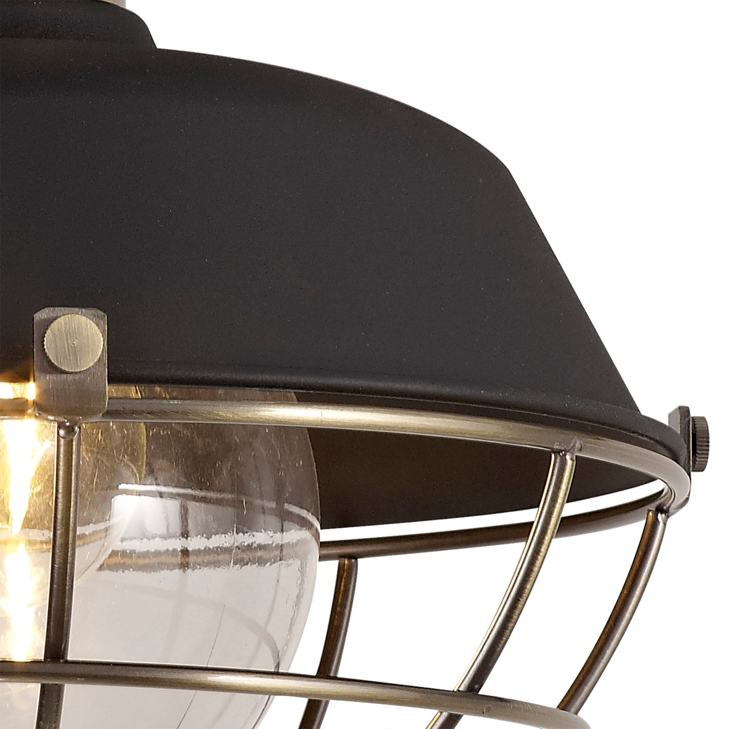 Sutton Semi-Flush Ceiling, 1 Light E27, IP65, Matt Black and Antique Brass, 2yrs Warranty