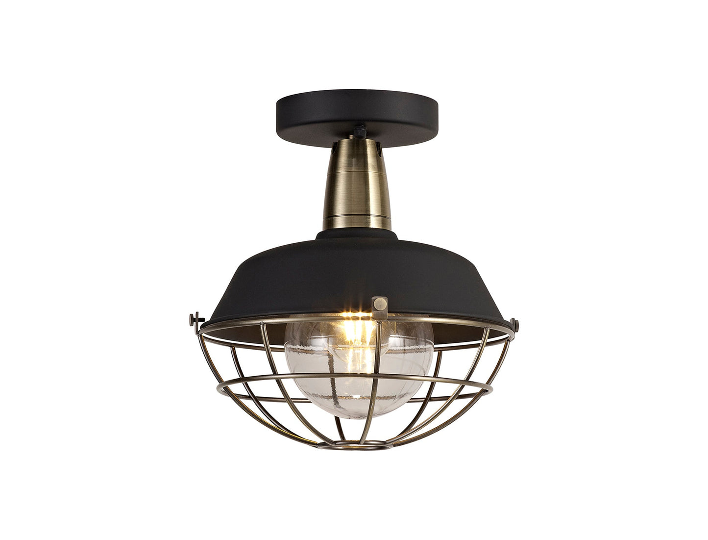 Sutton Semi-Flush Ceiling, 1 Light E27, IP65, Matt Black and Antique Brass, 2yrs Warranty