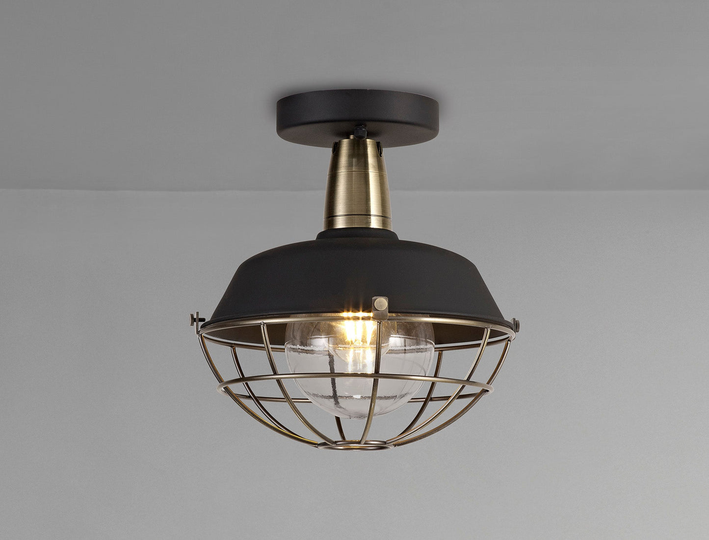 Sutton Semi-Flush Ceiling, 1 Light E27, IP65, Matt Black and Antique Brass, 2yrs Warranty