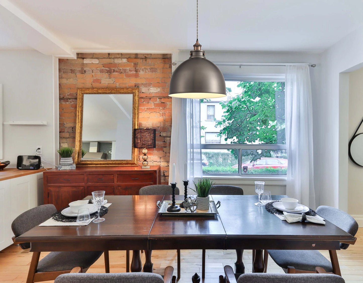 Weaverham Large Pendant, 1 x E27, Antique Silver and Copper and White