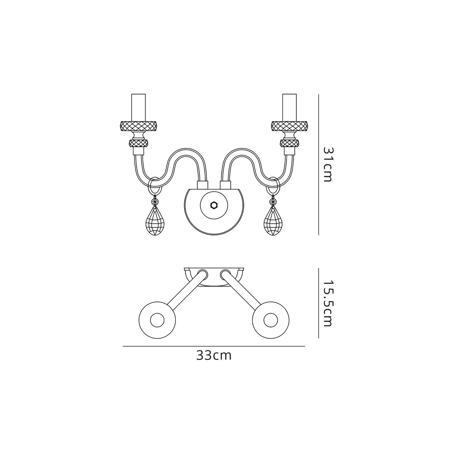 Damson Wall Lamp, 2 Light E14, Polished Chrome and Clear Glass and Crystal