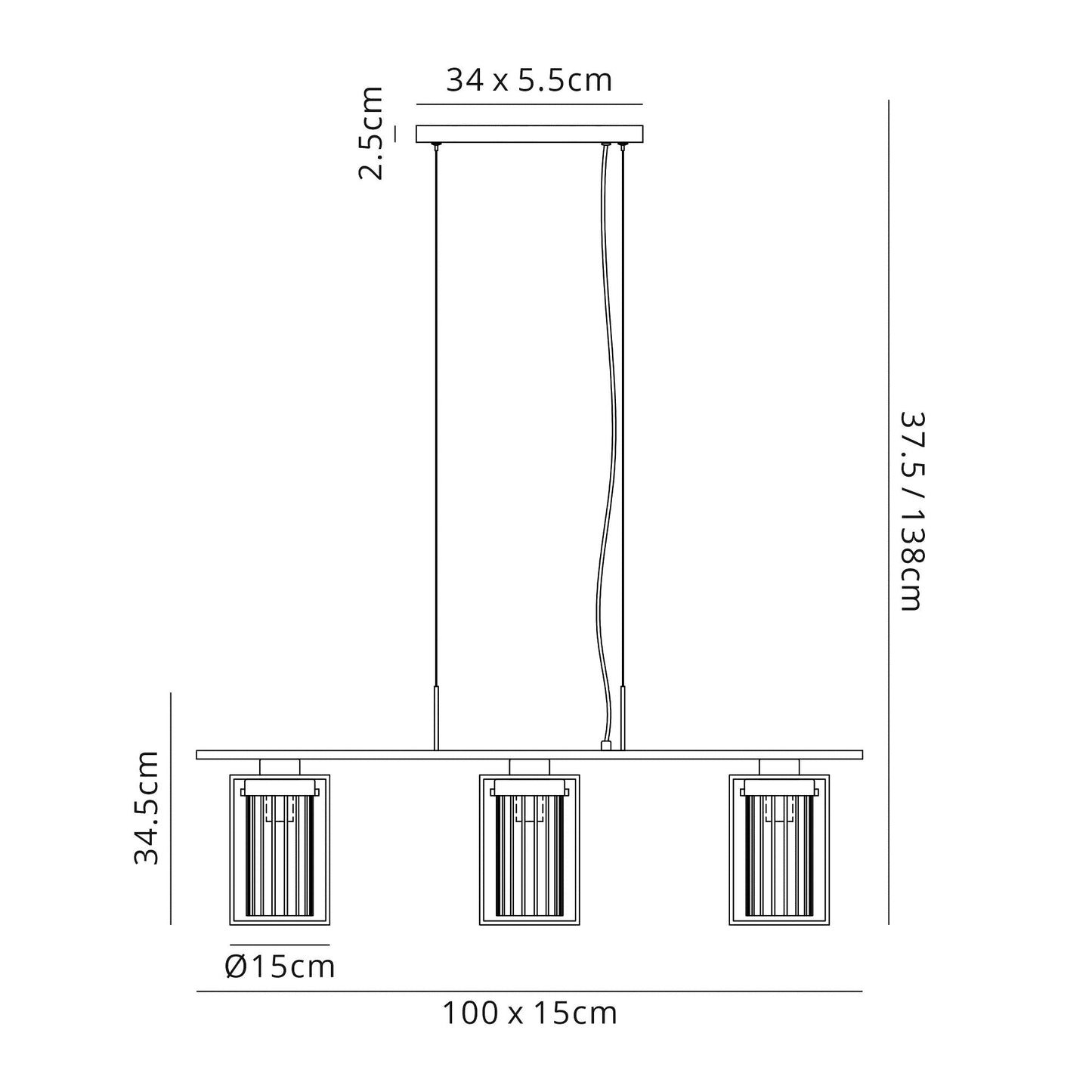 Bramhall Linear Pendant, 3 Light E27, Black and Clear Glass