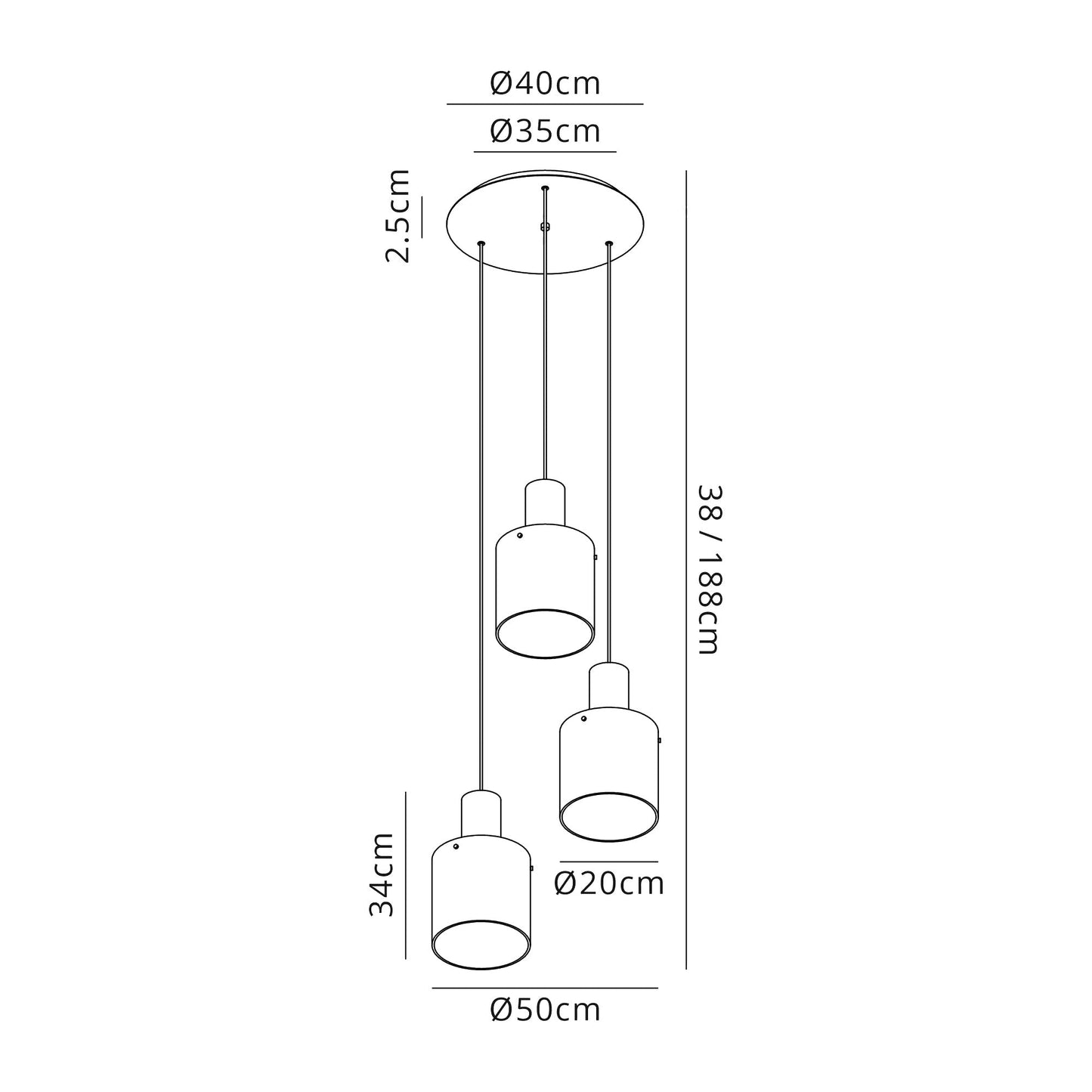 Bowdon Round Pendant, 3 Light Adjustable E27, Black and Smoke Fade Glass