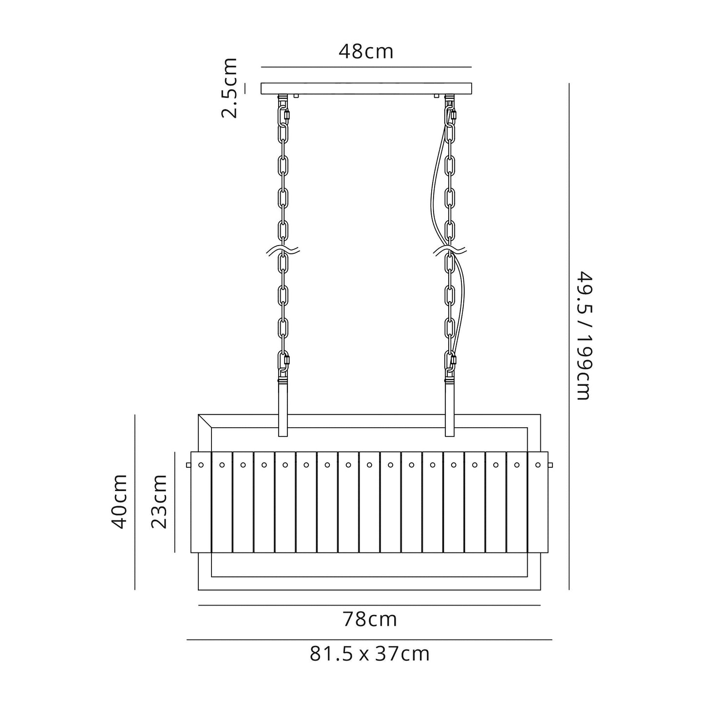 Mobberley Medium Linear Pendant, 8 Light E27, Matt Black and Crystal Sand Glass