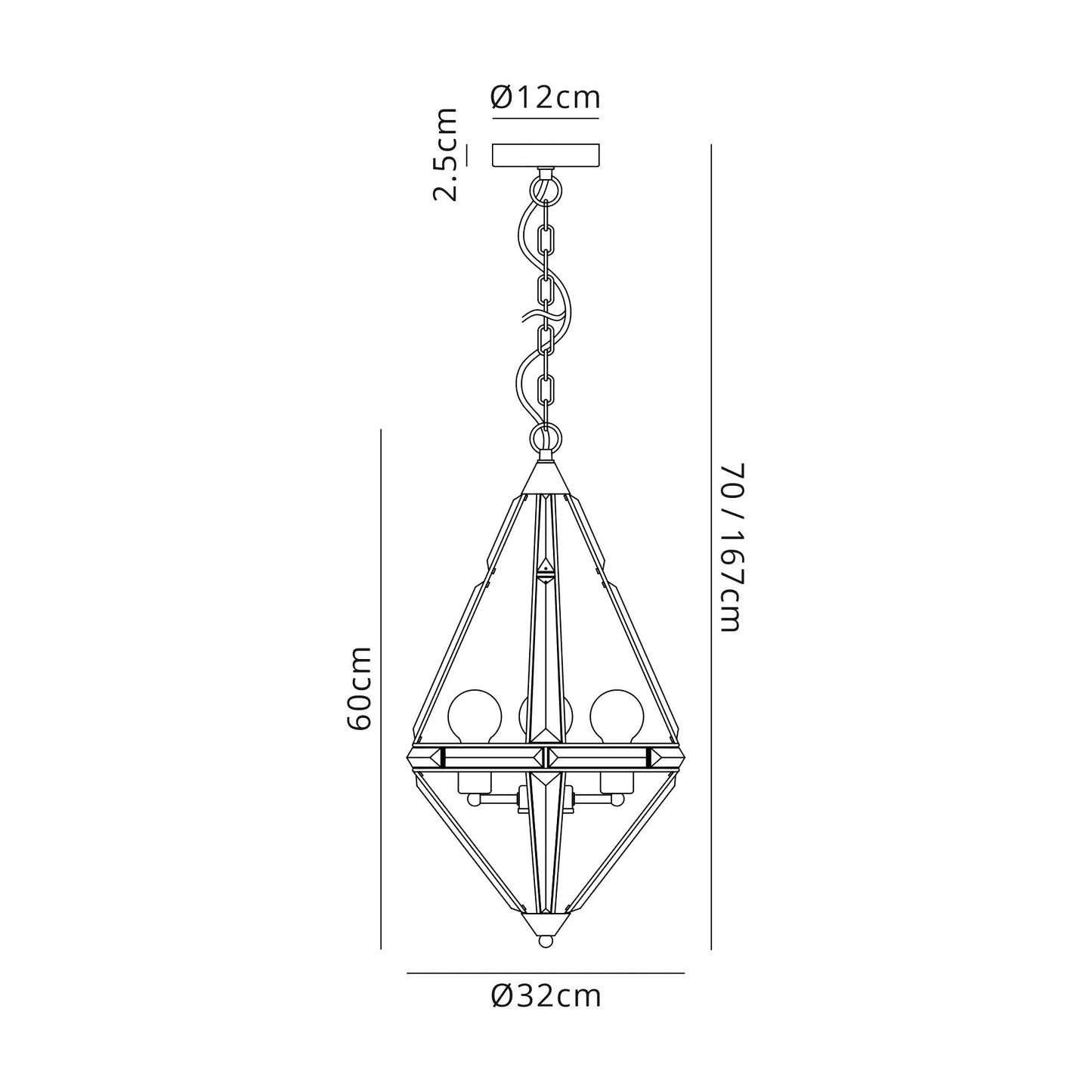 Chelford Diamond Pendant, 3 Light E27, Polished Nickel