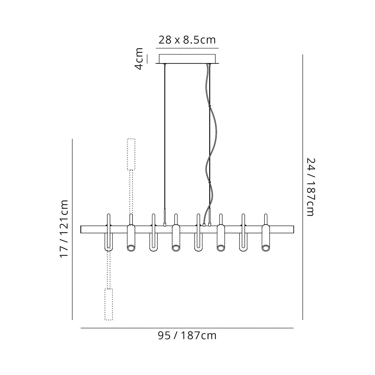 Clifton Linear Pendant, 8 Light Adjustable Arms, 8 x 4W LED Dimmable, 3000K, 2000lm, Black and Satin Copper, 3yrs Warranty
