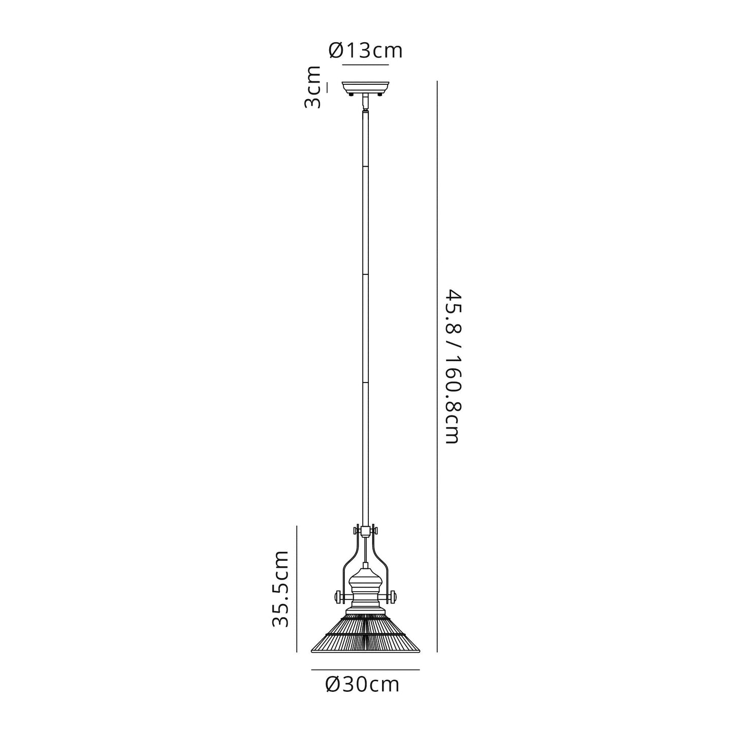 Stanley 1 Light Pendant E27 With 30cm Cone Glass Shade, Polished Nickel and Clear