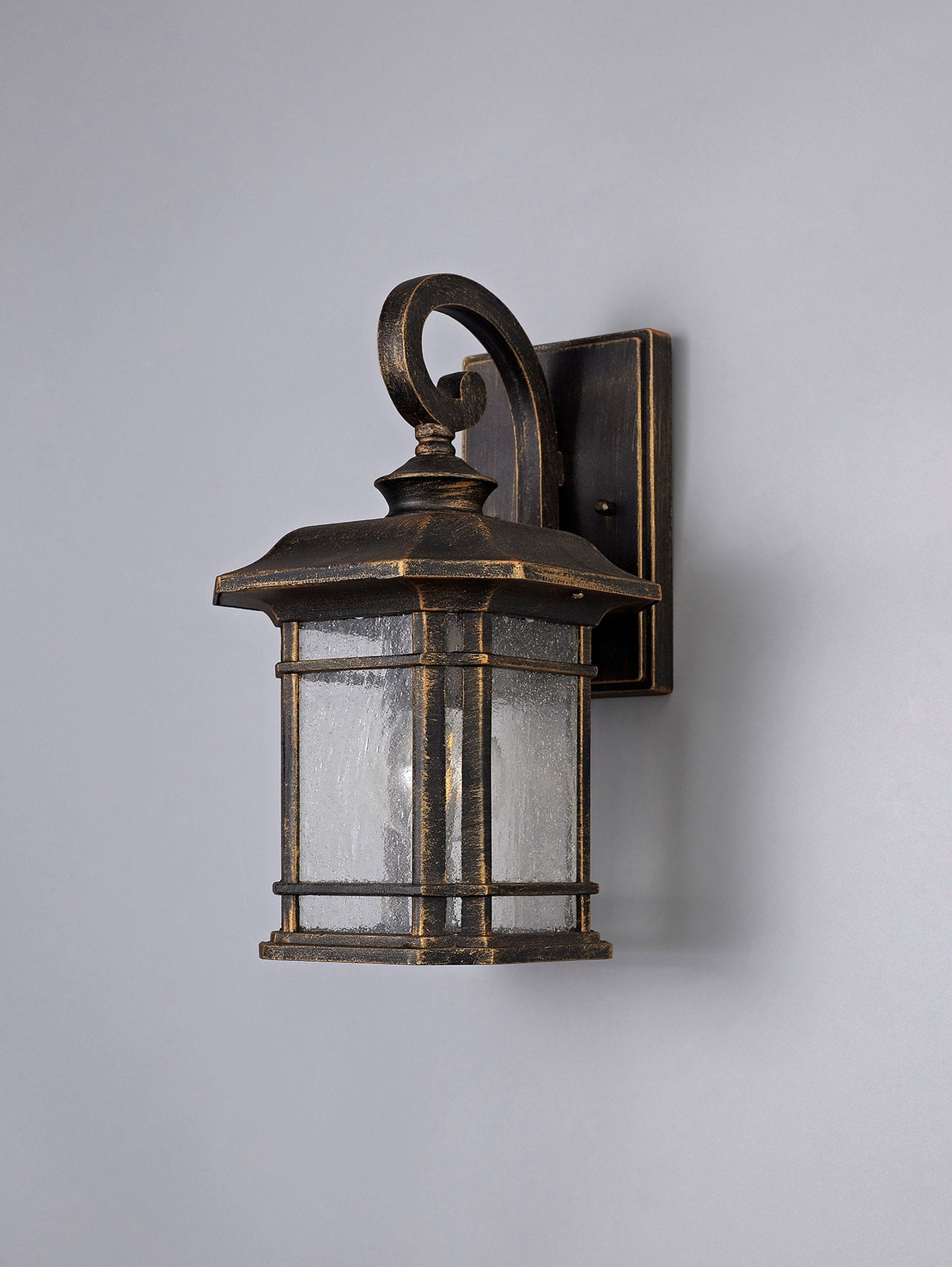 Allostock Small Wall Lamp, 1 x E27, Brushed Black Gold and Seeded Glass, IP54, 2yrs Warranty