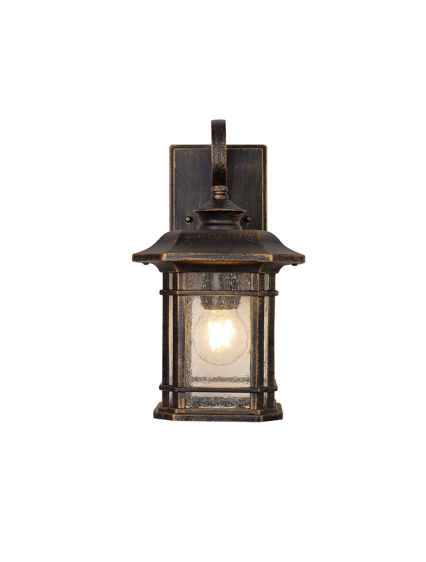 Allostock Small Wall Lamp, 1 x E27, Brushed Black Gold and Seeded Glass, IP54, 2yrs Warranty