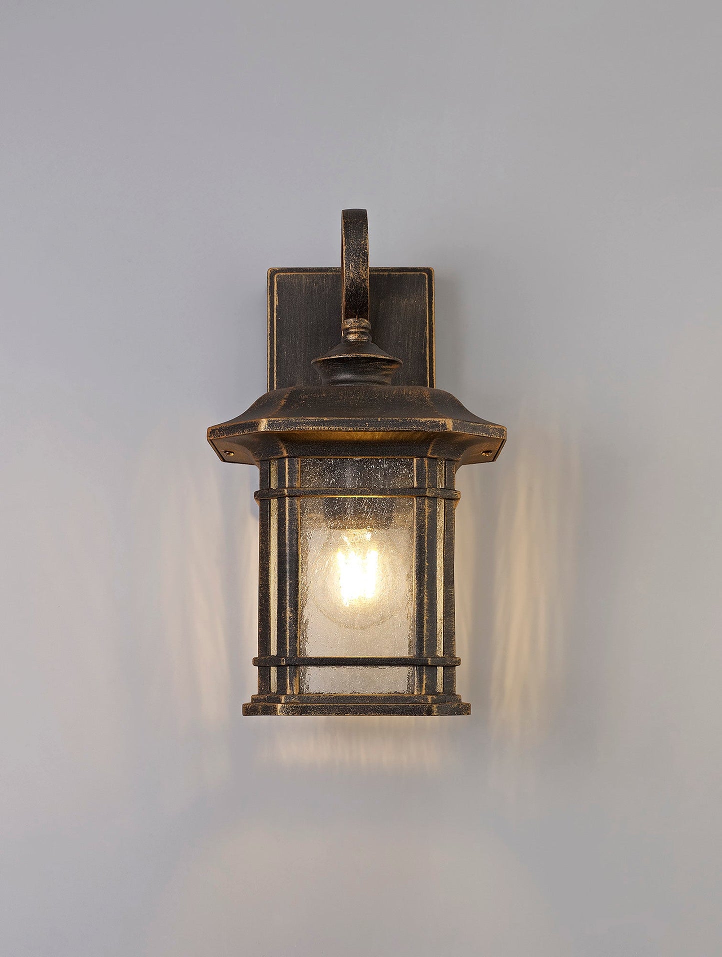 Allostock Small Wall Lamp, 1 x E27, Brushed Black Gold and Seeded Glass, IP54, 2yrs Warranty