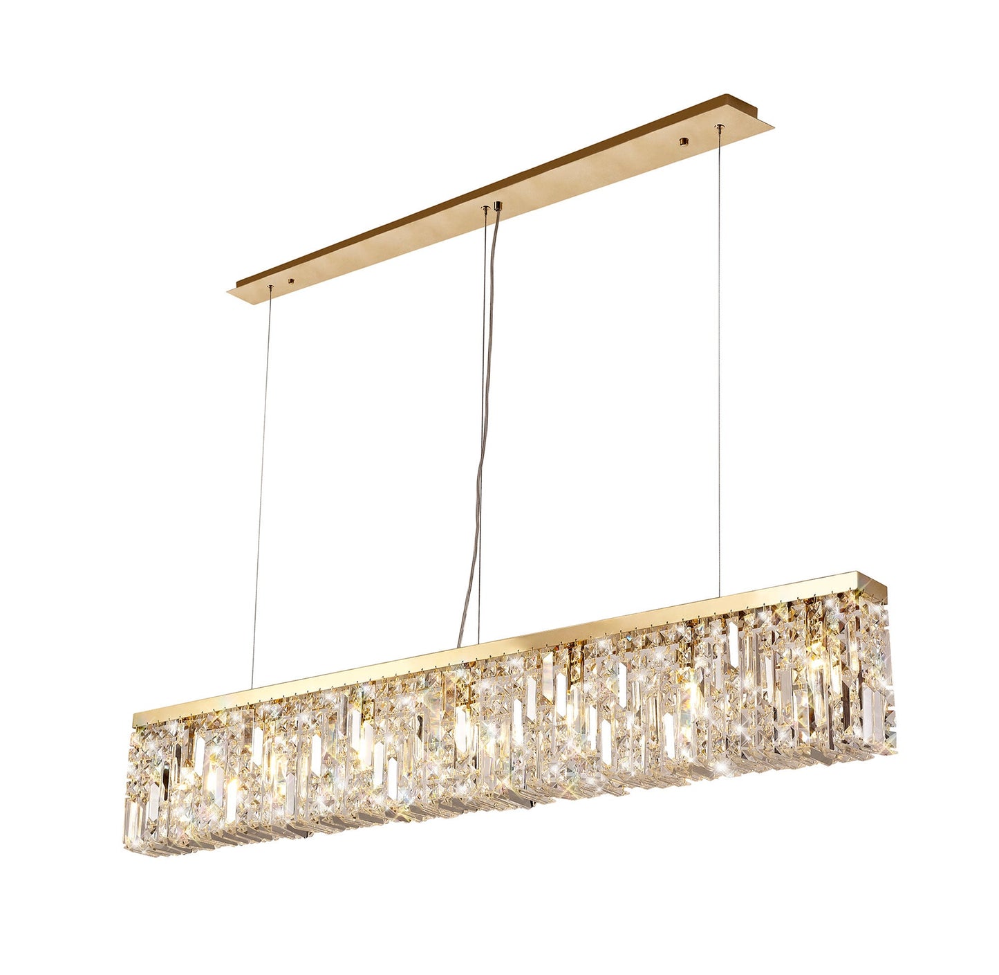 Bollin 138x9cm Linear Pendant Chandelier, 7 Light E14, Gold and Crystal