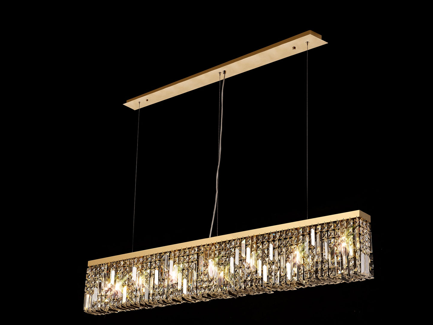 Bollin 138x9cm Linear Pendant Chandelier, 7 Light E14, Gold and Crystal