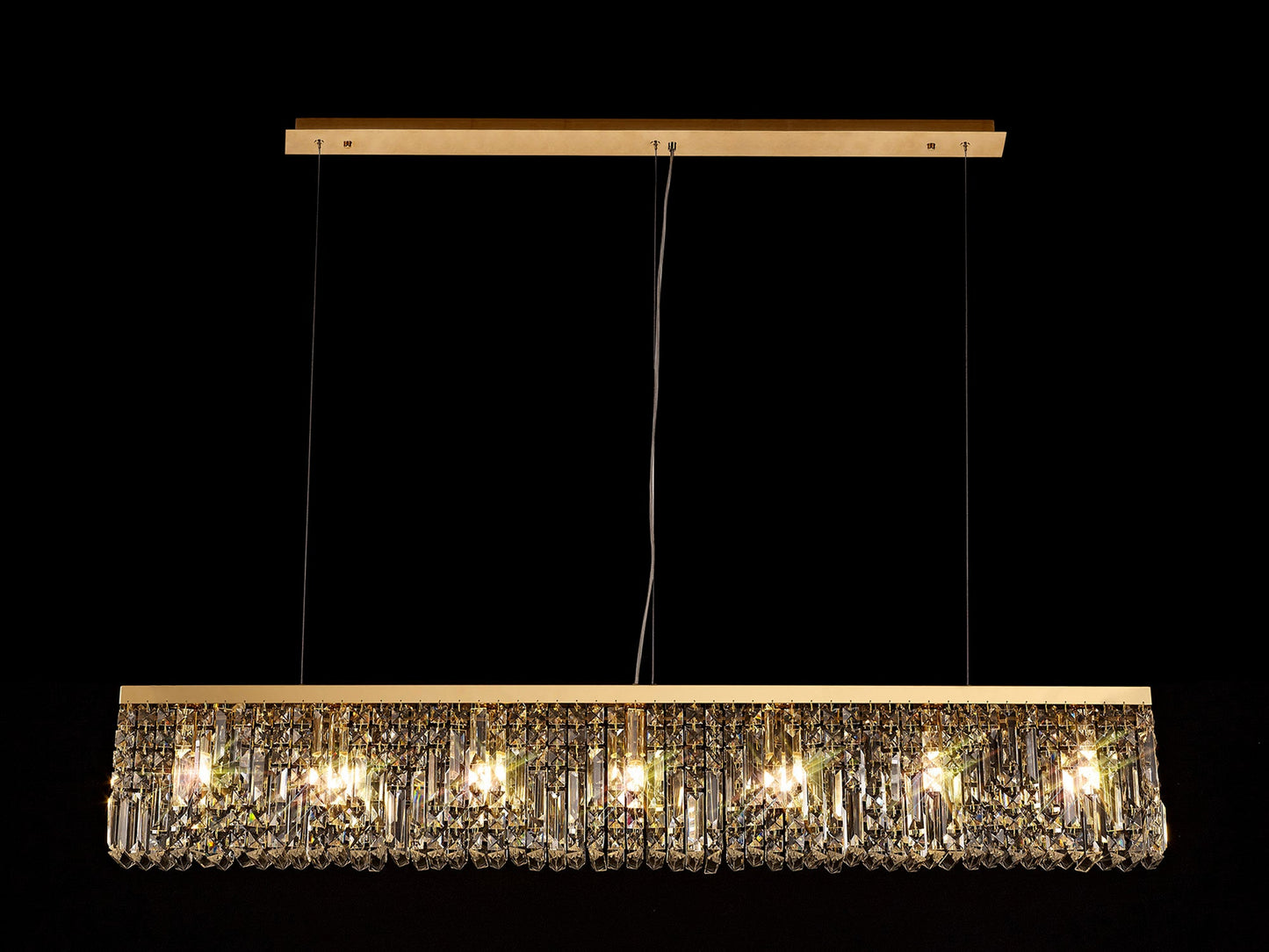 Bollin 138x9cm Linear Pendant Chandelier, 7 Light E14, Gold and Crystal