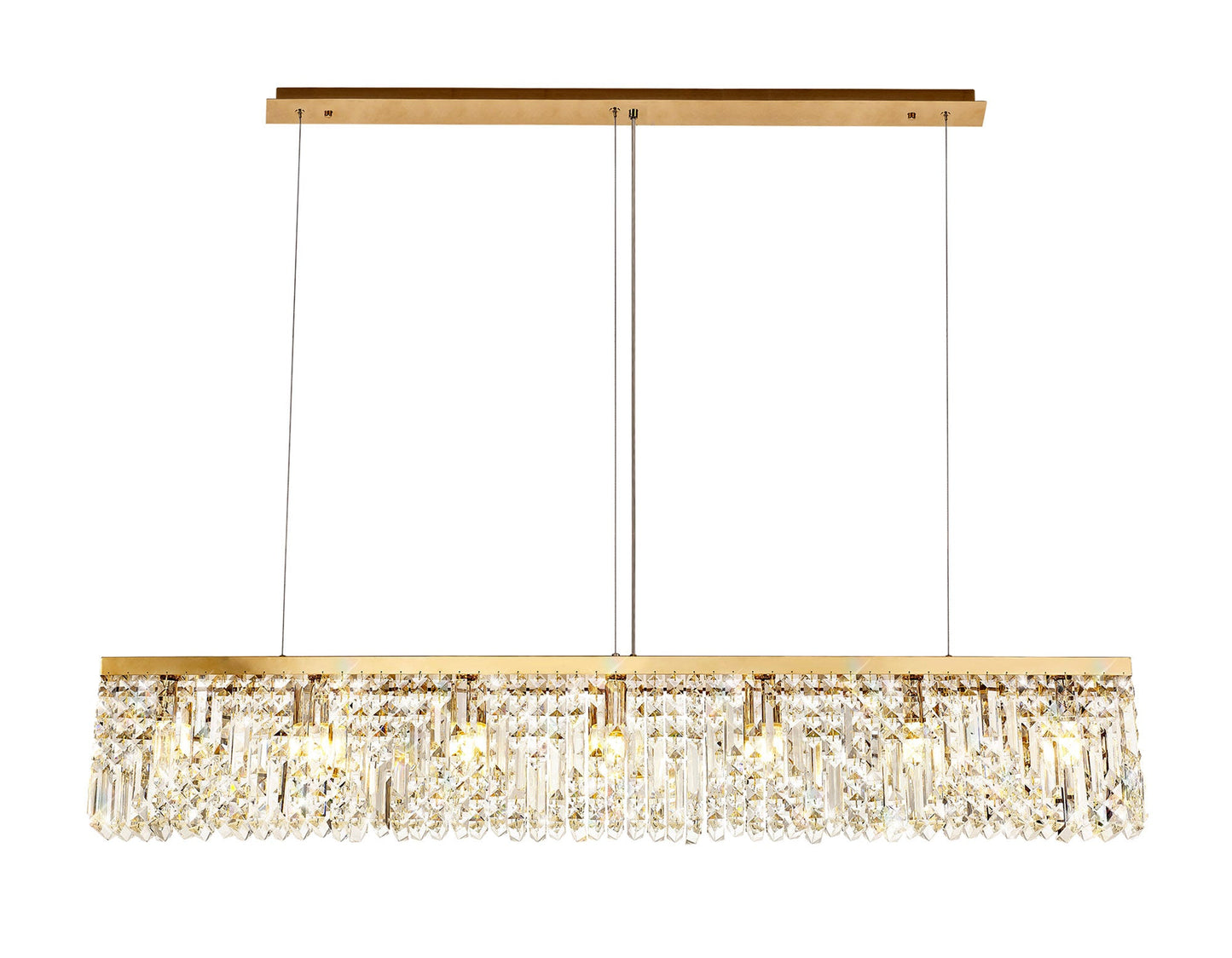 Bollin 138x9cm Linear Pendant Chandelier, 7 Light E14, Gold and Crystal