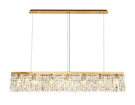 Bollin 138x9cm Linear Pendant Chandelier, 7 Light E14, Gold and Crystal