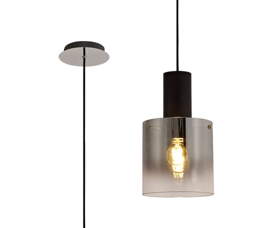 Bowdon Single Pendant, 1 Light Adjustable E27, Black and Smoke Fade Glass