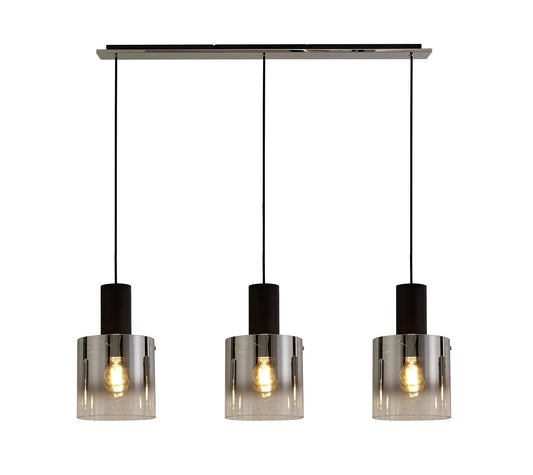 Bowdon Linear Pendant, 3 Light Adjustable E27, Black and Smoke Fade Glass