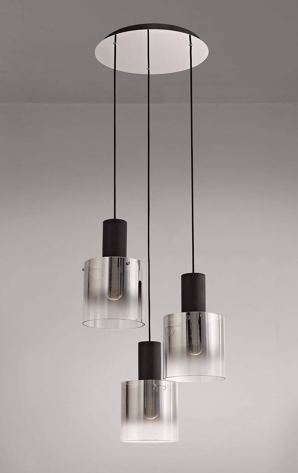 Bowdon Round Pendant, 3 Light Adjustable E27, Black and Smoke Fade Glass