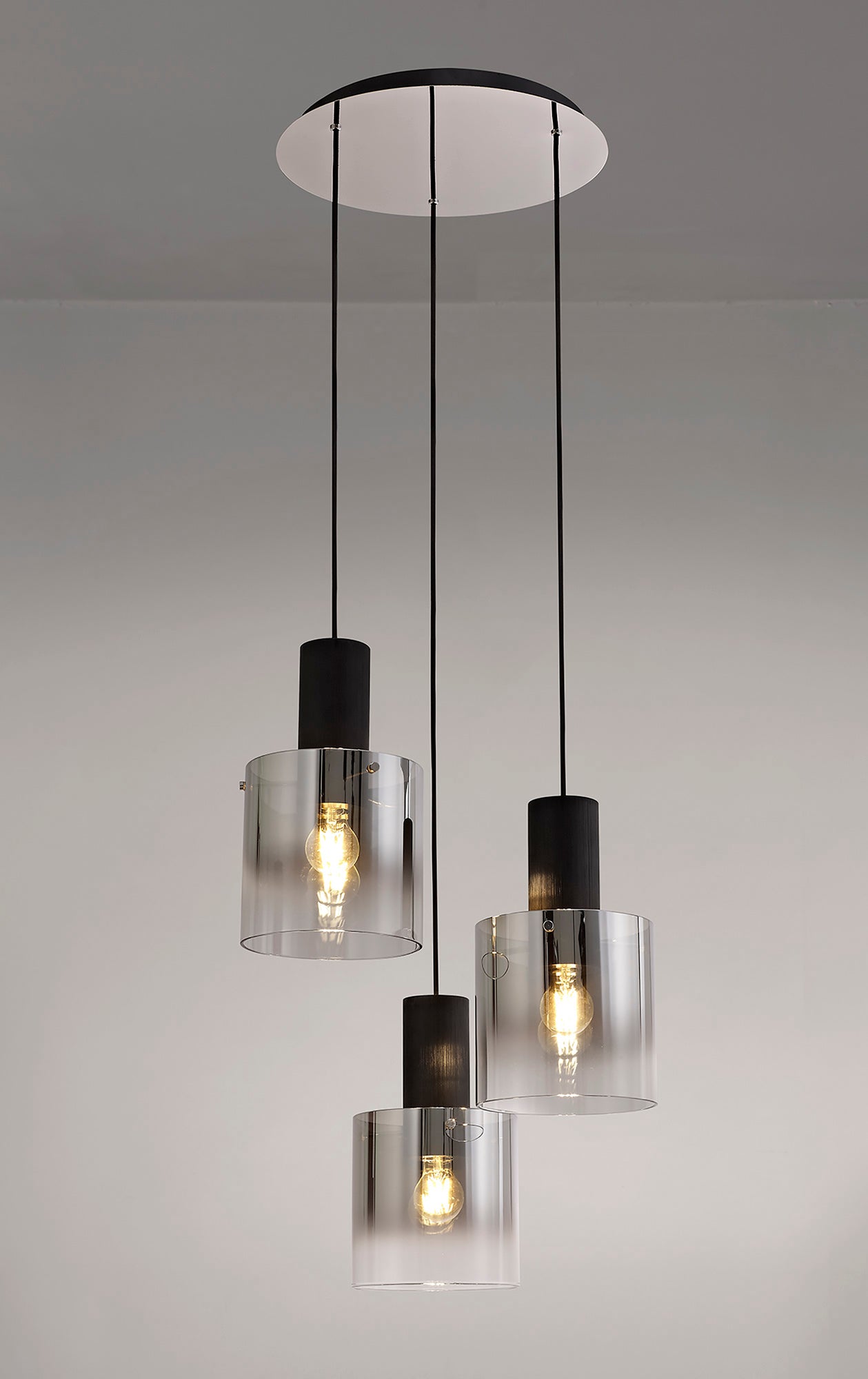 Bowdon Round Pendant, 3 Light Adjustable E27, Black and Smoke Fade Glass