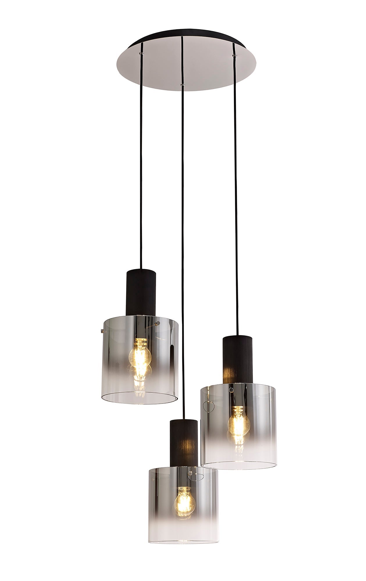 Bowdon Round Pendant, 3 Light Adjustable E27, Black and Smoke Fade Glass