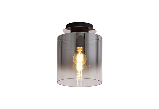 Bowdon Round Ceiling Flush, 1 Light Flush Fitting E27, Black and Smoke Fade Glass