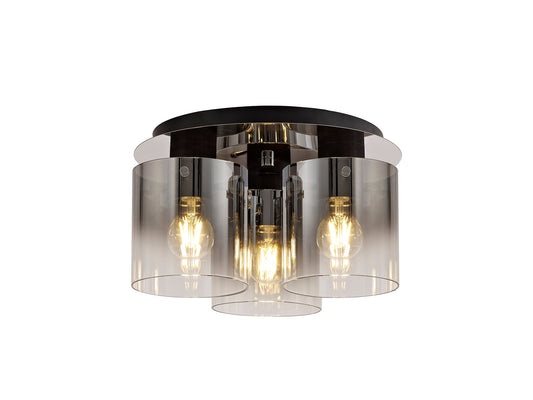 Bowdon Round Ceiling Flush, 3 Light Flush Fitting, Black and Smoke Fade Glass