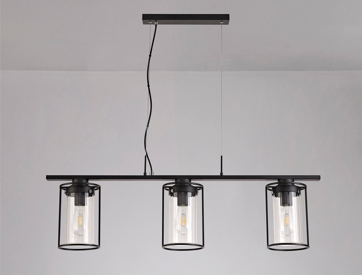 Bramhall Linear Pendant, 3 Light E27, Black and Clear Glass