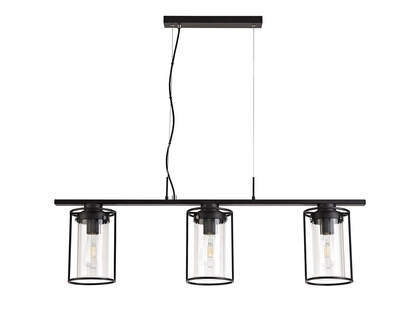 Bramhall Linear Pendant, 3 Light E27, Black and Clear Glass