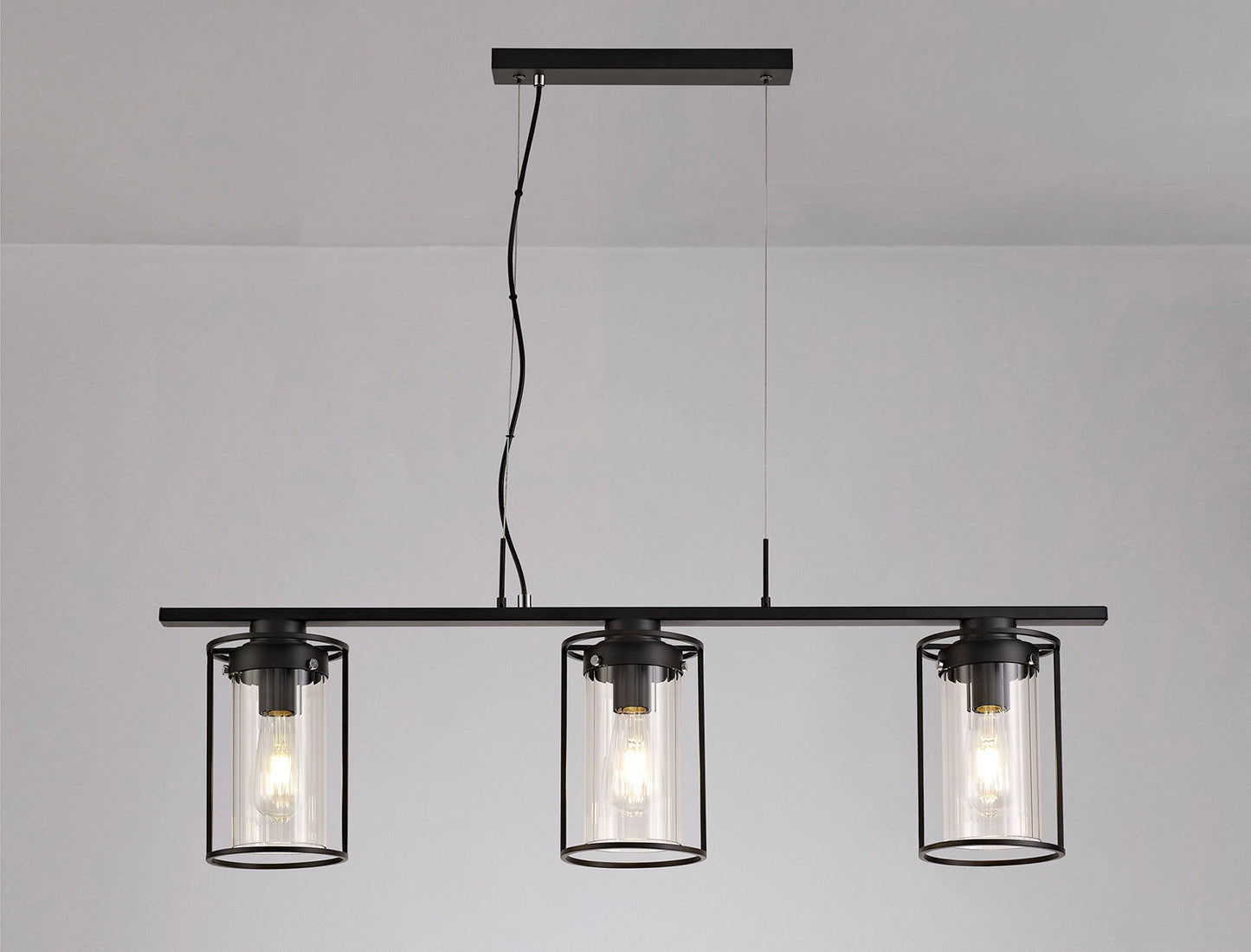 Bramhall Linear Pendant, 3 Light E27, Black and Clear Glass