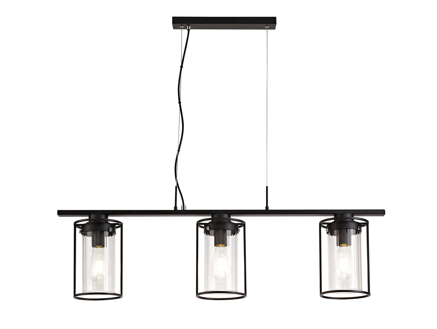 Bramhall Linear Pendant, 3 Light E27, Black and Clear Glass