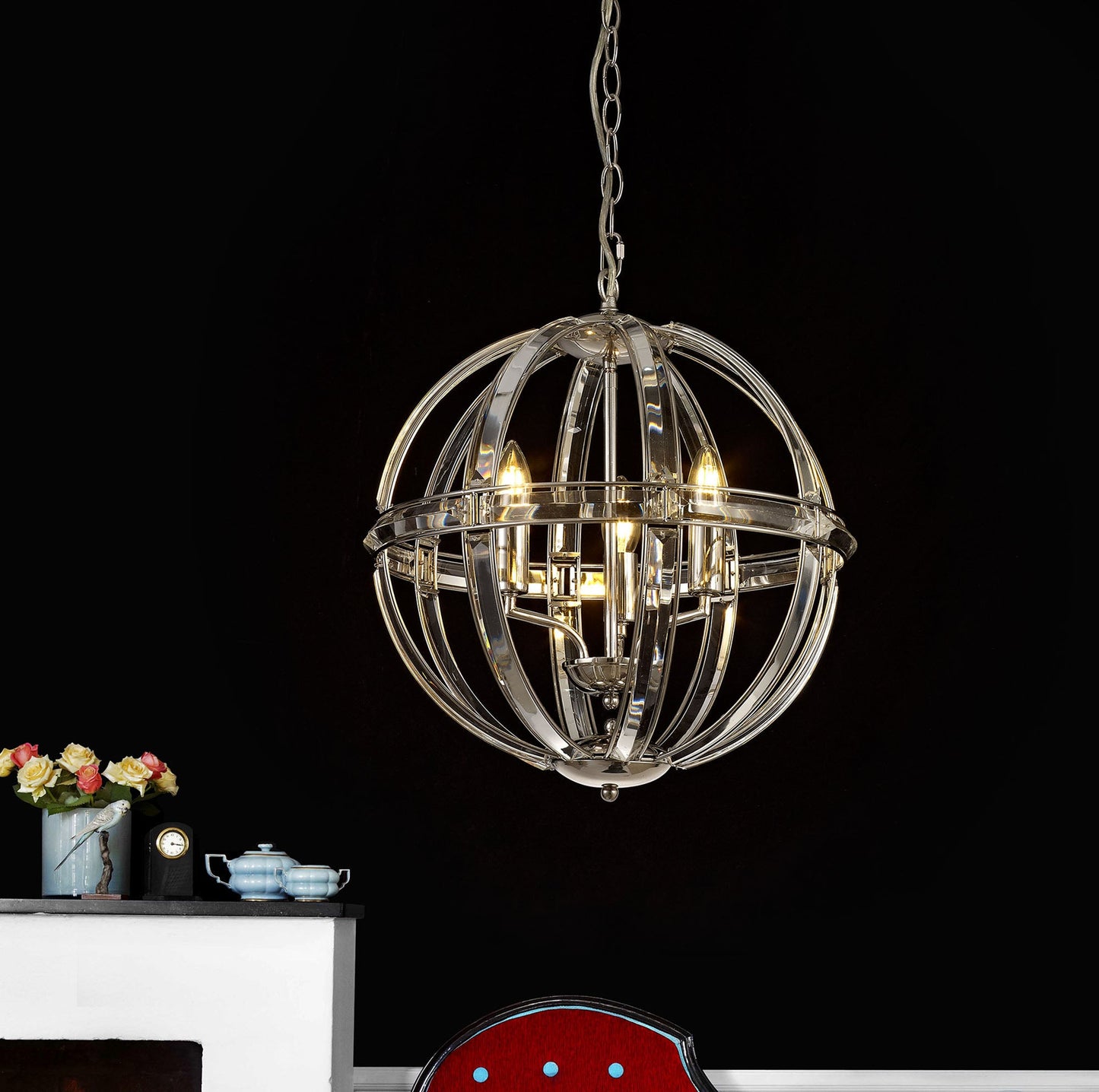 Chelford Medium Round Pendant, 3 Light E27, Polished Nickel