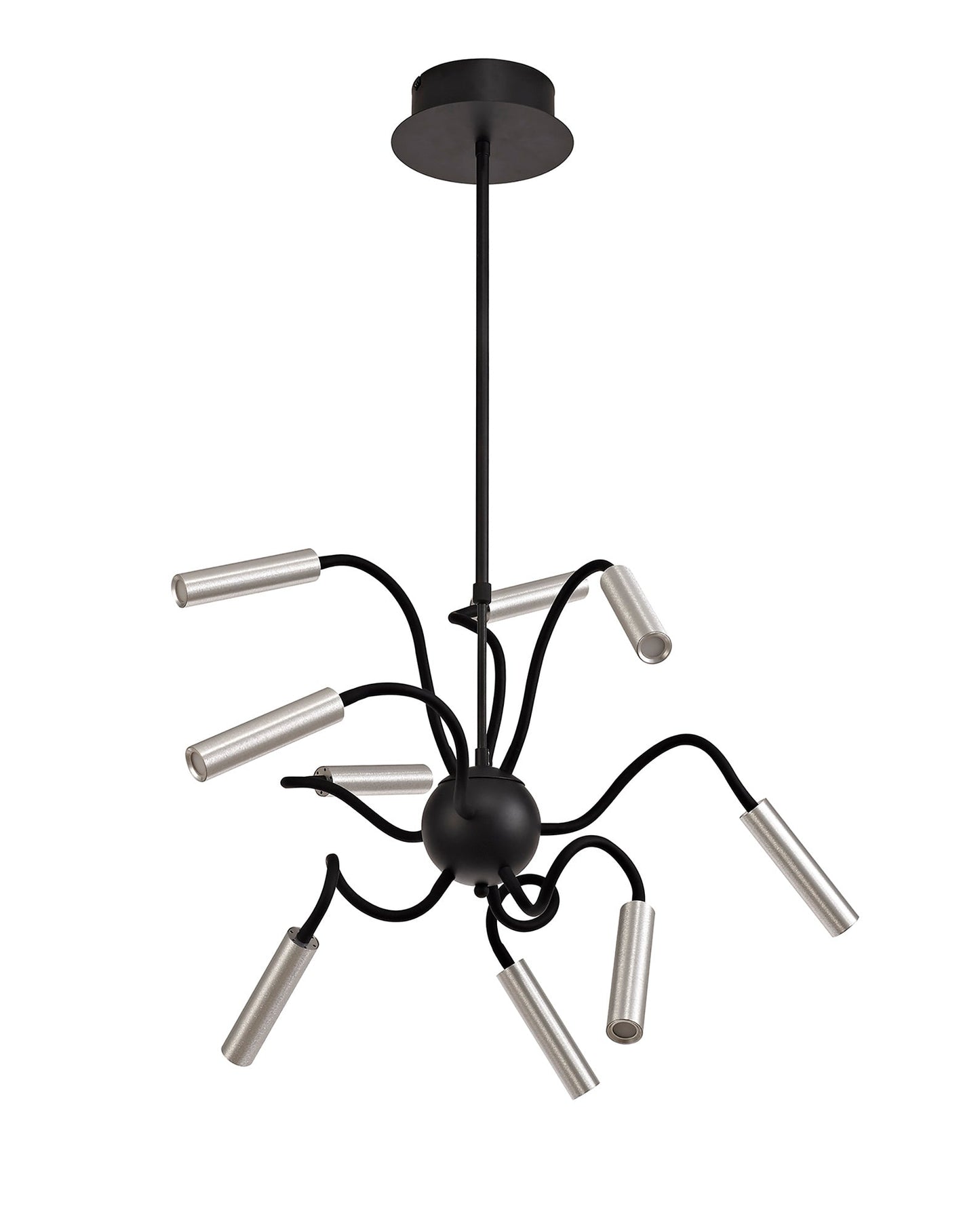 Clifton Sputnik Pendant, 9 Light Adjustable Arms, 9 x 4W LED Dimmable, 3000K, 2250lm, Black and Aluminium, 3yrs Warranty