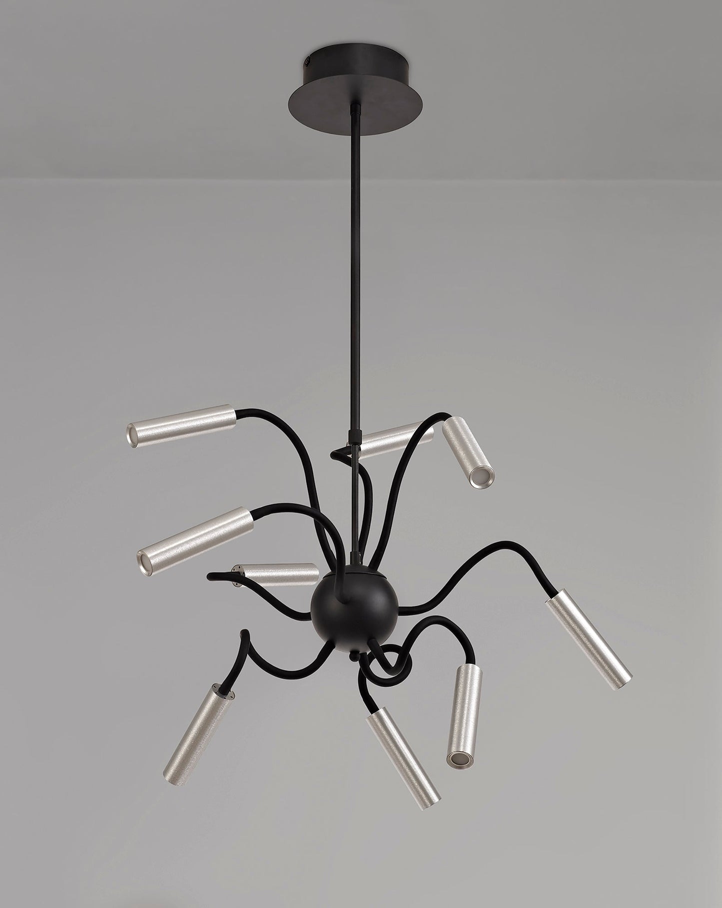 Clifton Sputnik Pendant, 9 Light Adjustable Arms, 9 x 4W LED Dimmable, 3000K, 2250lm, Black and Aluminium, 3yrs Warranty