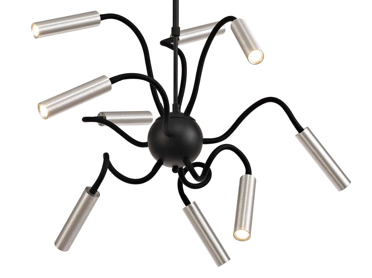Clifton Sputnik Pendant, 9 Light Adjustable Arms, 9 x 4W LED Dimmable, 3000K, 2250lm, Black and Aluminium, 3yrs Warranty